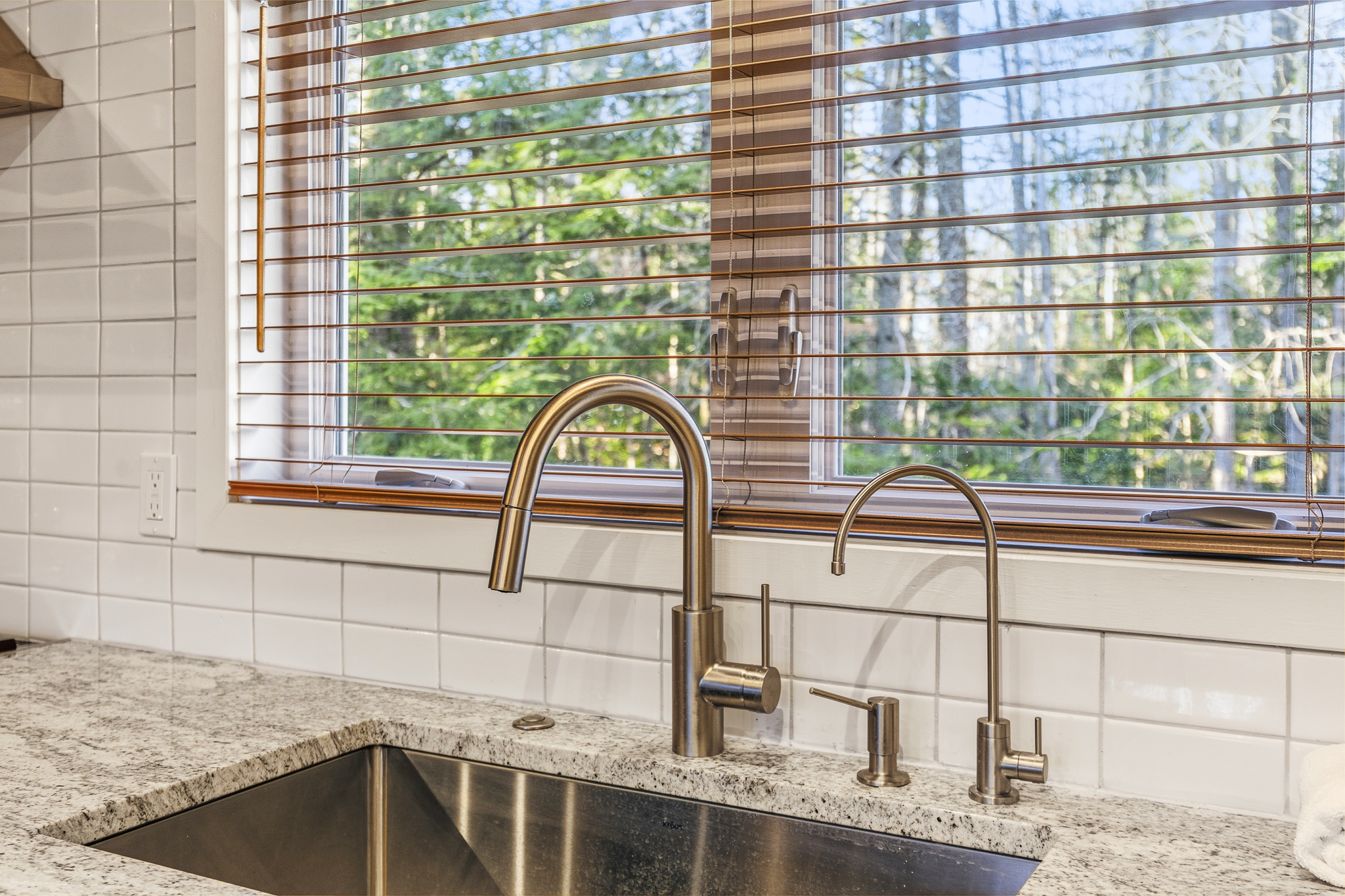 Kitchen — Breville espresso and open shelving