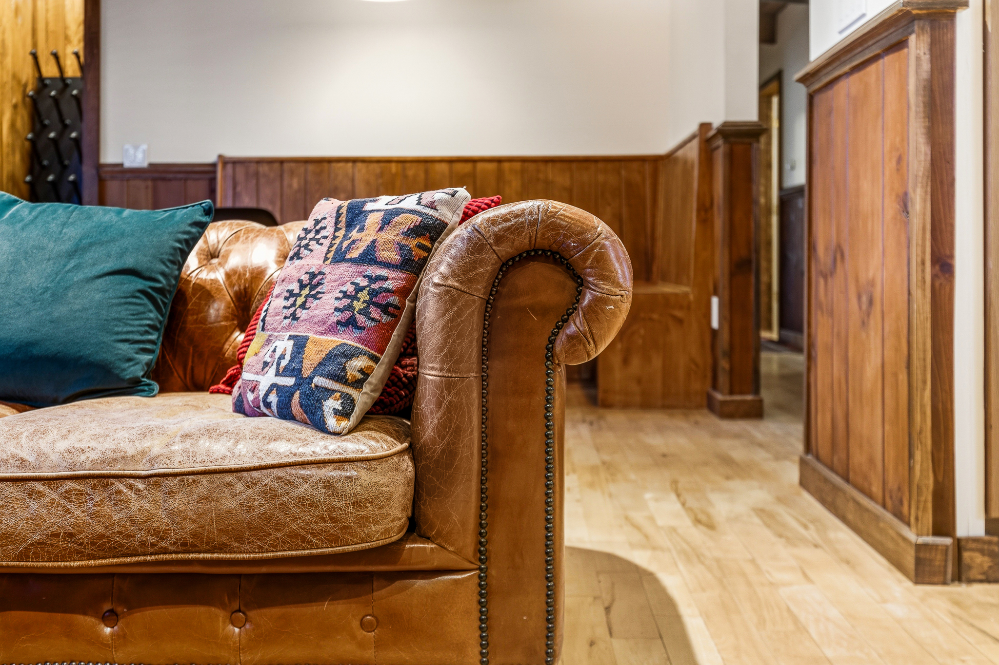 Living room — fireplace stone wall